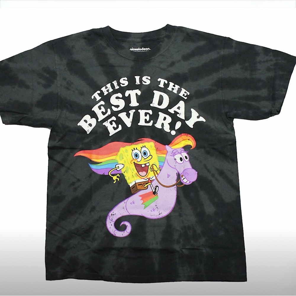 NWT Y2K Nickelodeon Black Tee with SpongeBob Rainbow Graphic